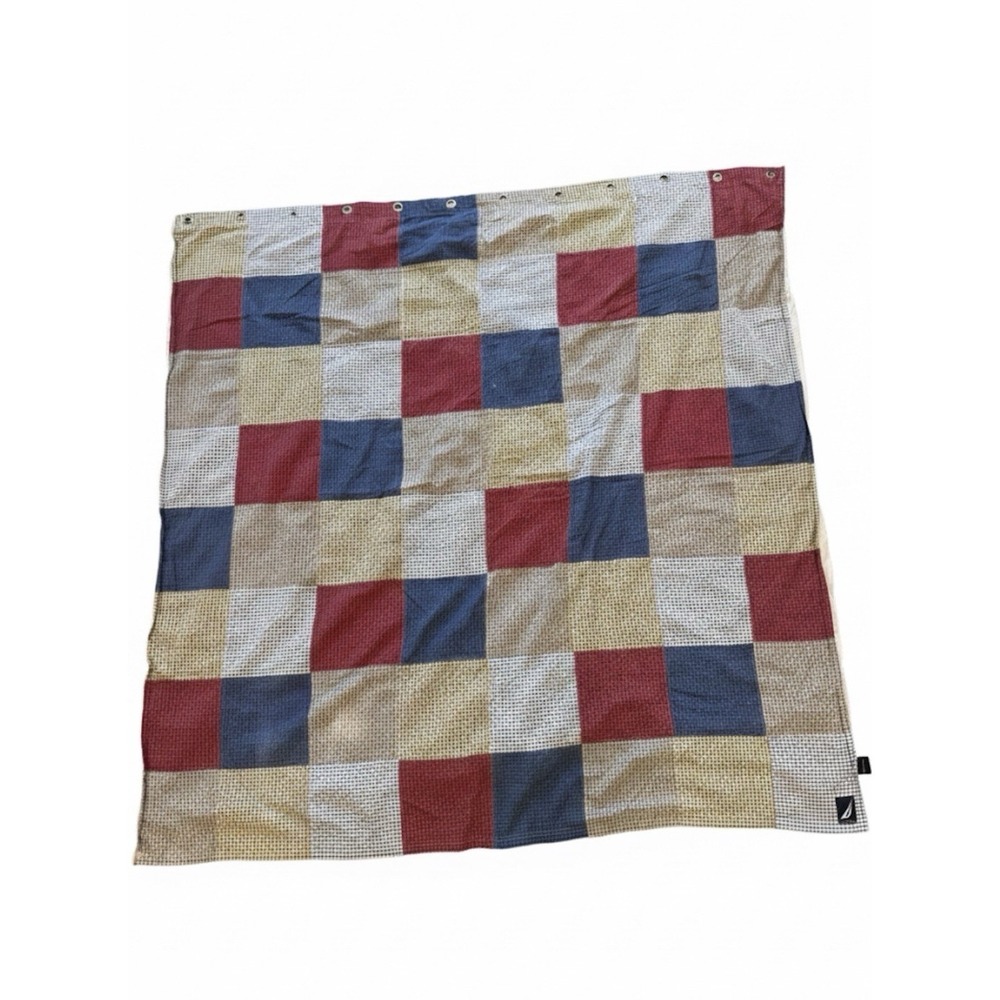 Nautica 100% Cotton Lined Madras Patchwork Plaid Blue Red Shower Curtain 68Wx65L